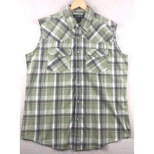 Men's Canyon Guide Outfitters XLG Green Plaid Sleeveless Western Button-Down